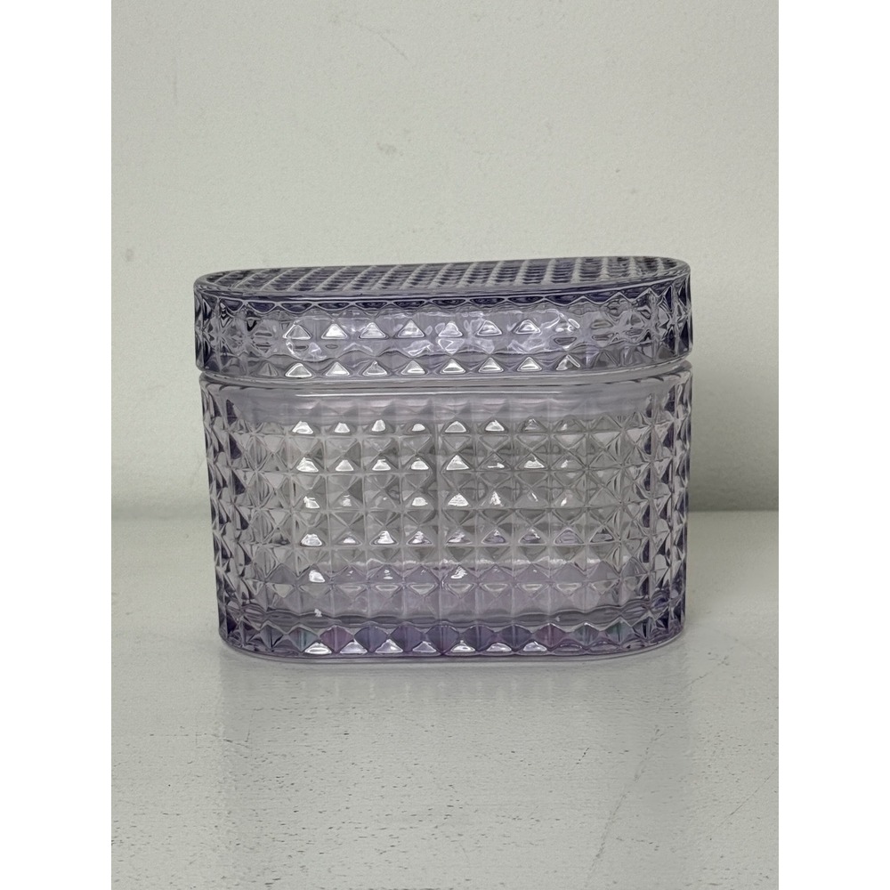 Lavender Purple Glass Diamond Point Oval Trinket Box Storage Jar with Lid